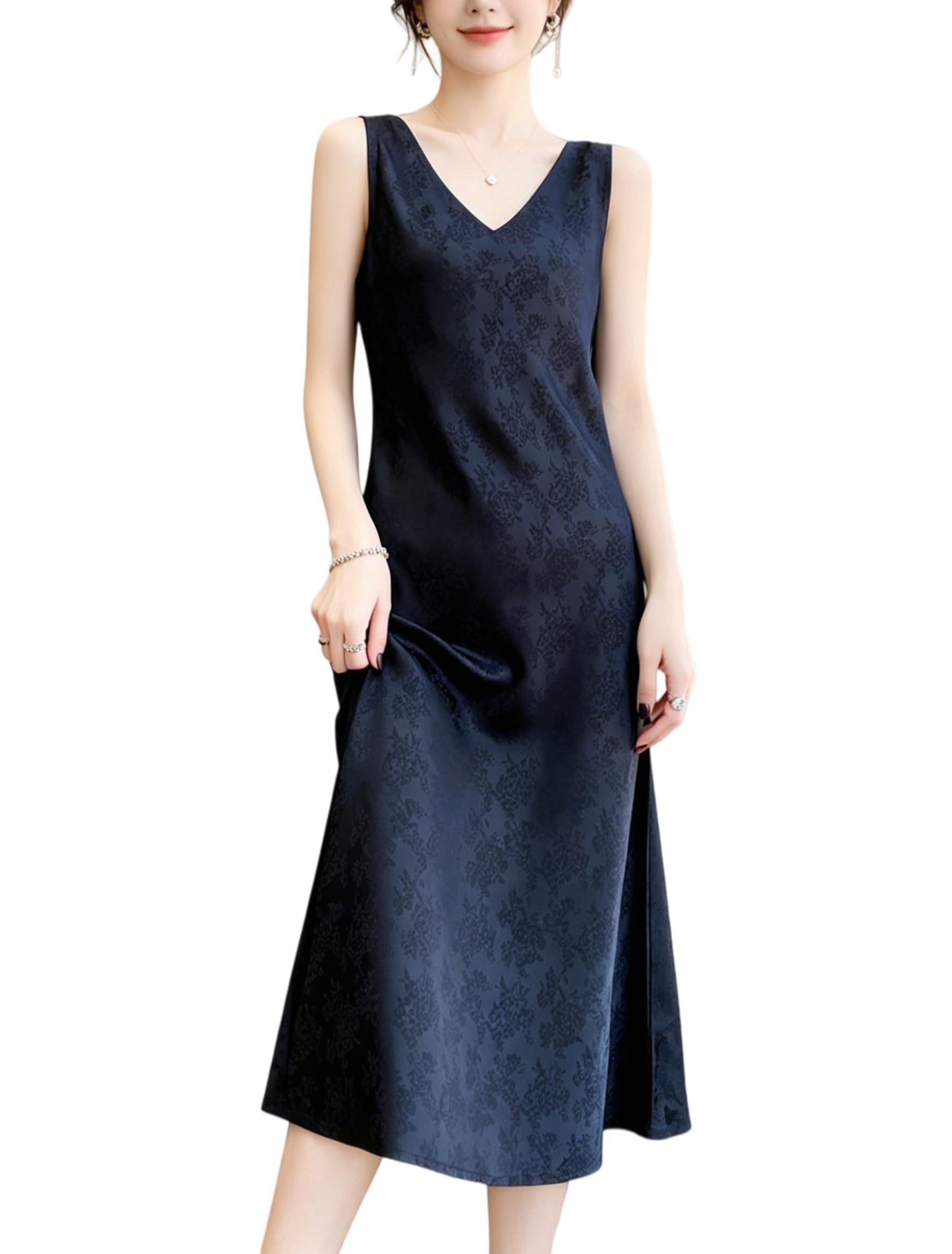 Abito Donna Abito Estivo da Donna in Raso Senza Maniche con Scollo A V Abito Midi Jacquard Floreale Abito Lungo A Trapezio Fluido per Donna Elegante Abito Formale per Feste E Matrimoni
