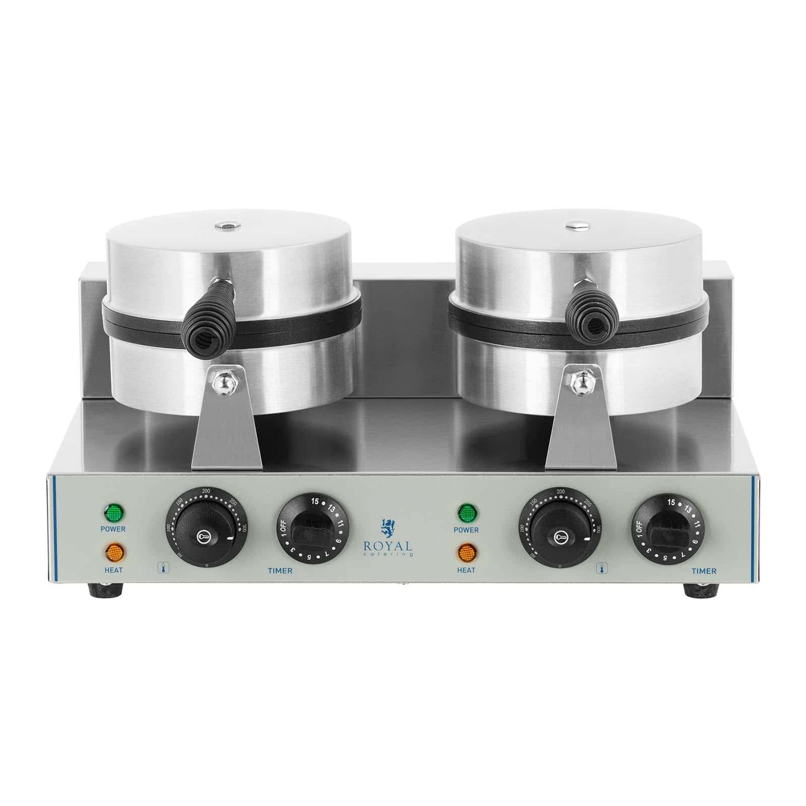 Royal Catering RCWM-2600-R gofrera doble redonda (2 x 1300 W, temporizador 15 min, teflón y aluminio, acero inoxidable)