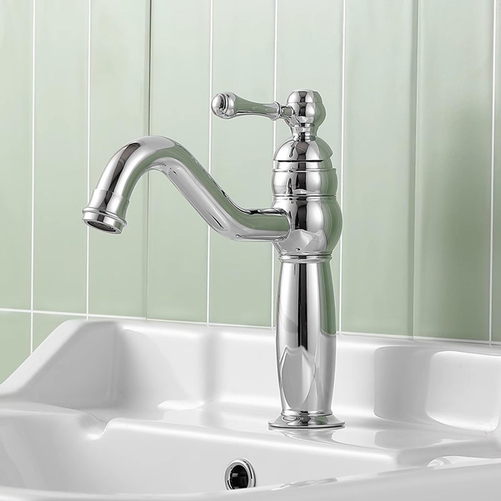 Miscelatore Cromato per lavabo da Bagno, Acqua Calda e Fredda, Maniglia Singola, in Ottone, 1 Foro