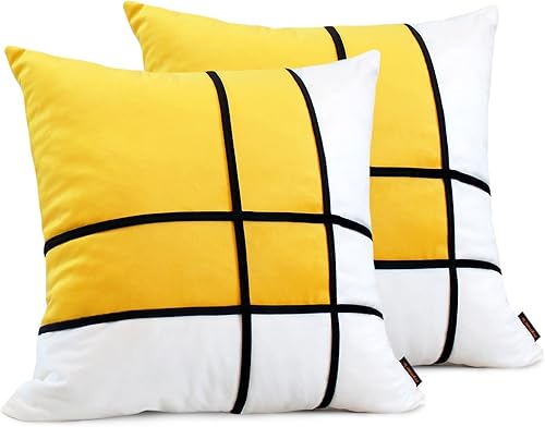 Juego de 2 fundas de almohada decorativas a rayas de 18 x 18 pulgadas, color amarillo y blanco, patrón moderno simple de terciopelo, fundas de cojín