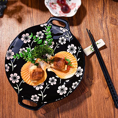 Set Of 2 Dinner Plate Set With Binaural Handles, Japanese Cherry Blossom Porcelain Dinner Plates, Sakura Plates, Black And White Dessert Plates, Salad Plates #TOP6