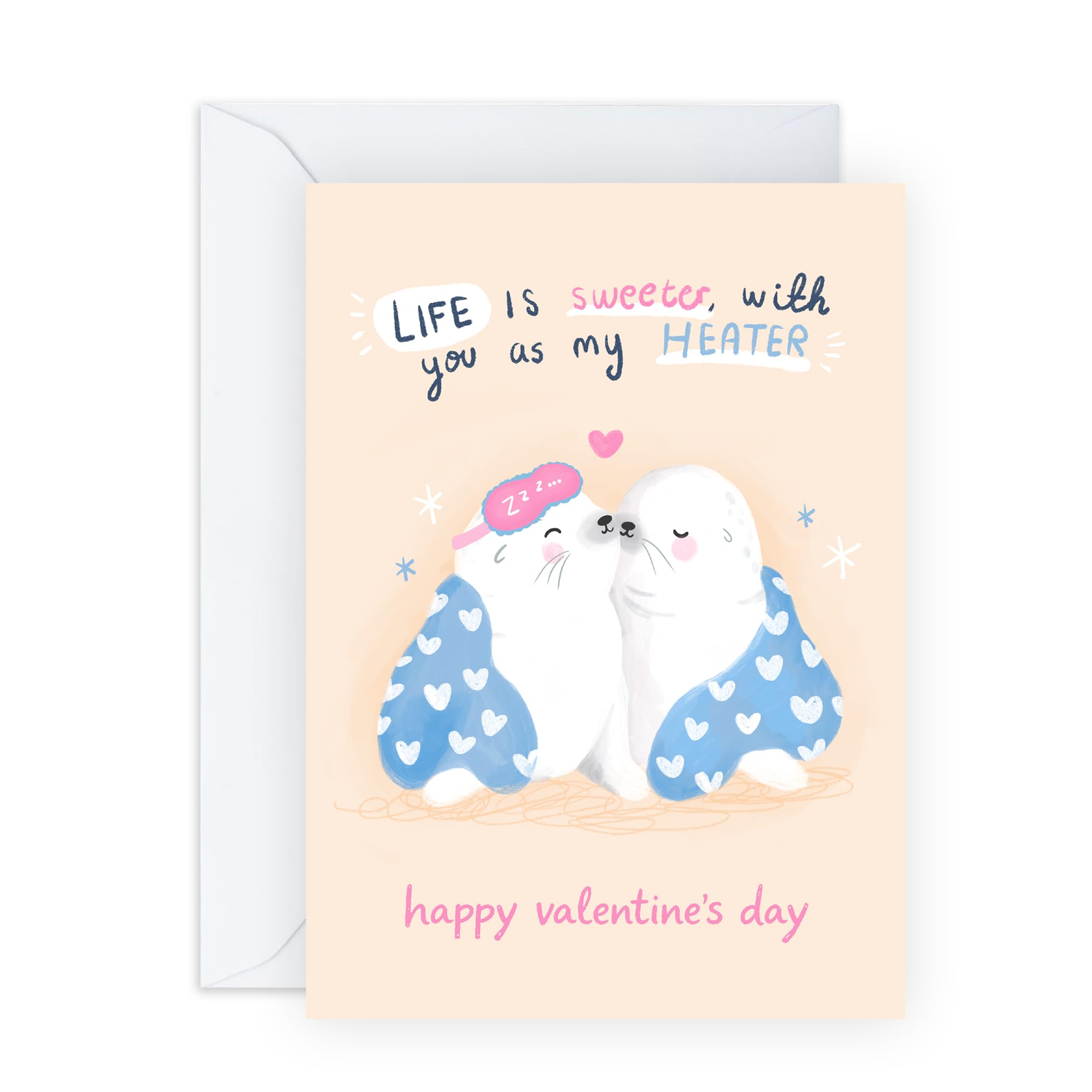 Romantic Valentines Day Card – Life is Sweeter, You as My Heater - Cute Seal Couple Greeting For Boyfriend Girlfriend Husband Wife Partner Fiance Him Her – In The Bed - Comes with Stickers