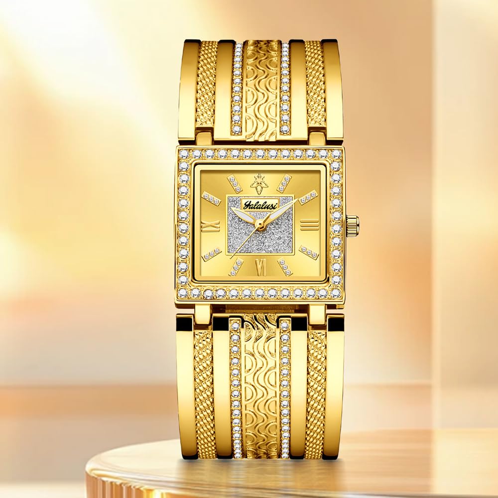 Orologio da polso analogico al quarzo da donna, quadrante quadrato con cristalli, con scatola