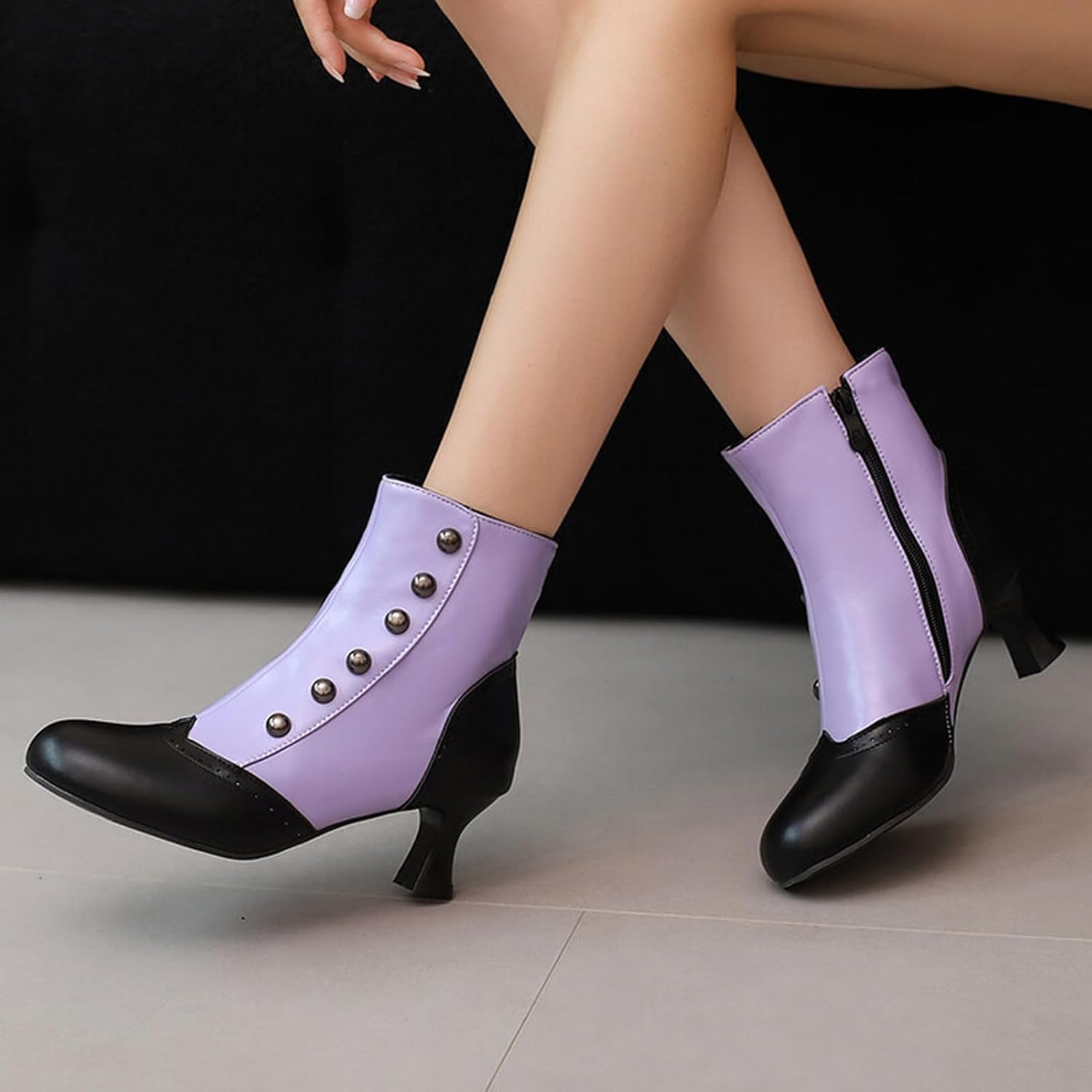 Alyaafifa Vintage Low Heel Ankle Boots for Women Round Toe Two-Toned Rivets Studded Short Boots Gothic Victorian Booties with Zipper Matte Leather Dress Shoes 2 Inches Comfortable - Image 3