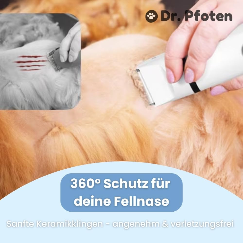 dr pfoten MultiTrim Pro - Die stressfreie 4-in-1 Hundeschermaschine Leise Schermaschine für Hunde und Katzen, IPX7 Wasserdicht Profi Trimmer mit 4 Trimmerköpfen, Pfotentrimmer