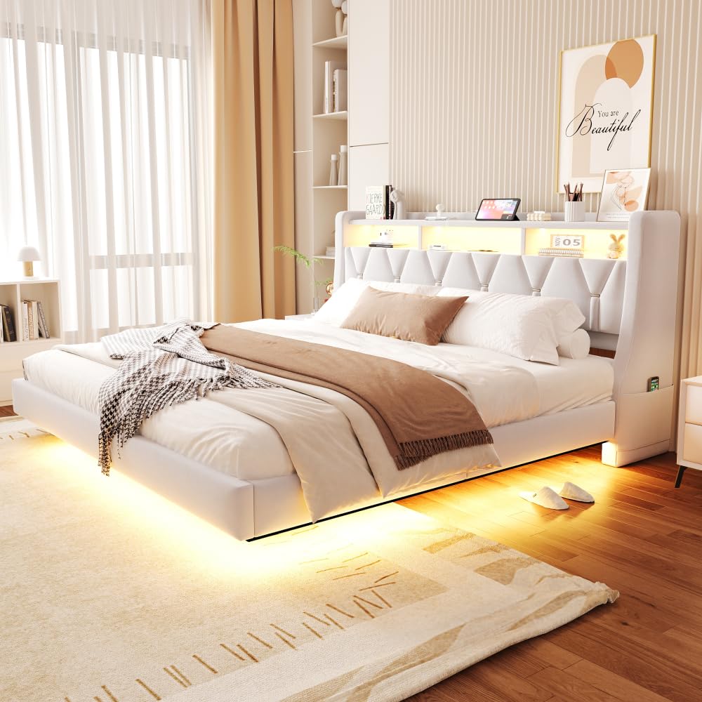 Letto matrimoniale 180 x 200 cm, con prese e illuminazione LED, testiera imbottita con contenitore, letto una piazza e mezza, gambe extra larghe, design letto sospeso, velluto, beige
