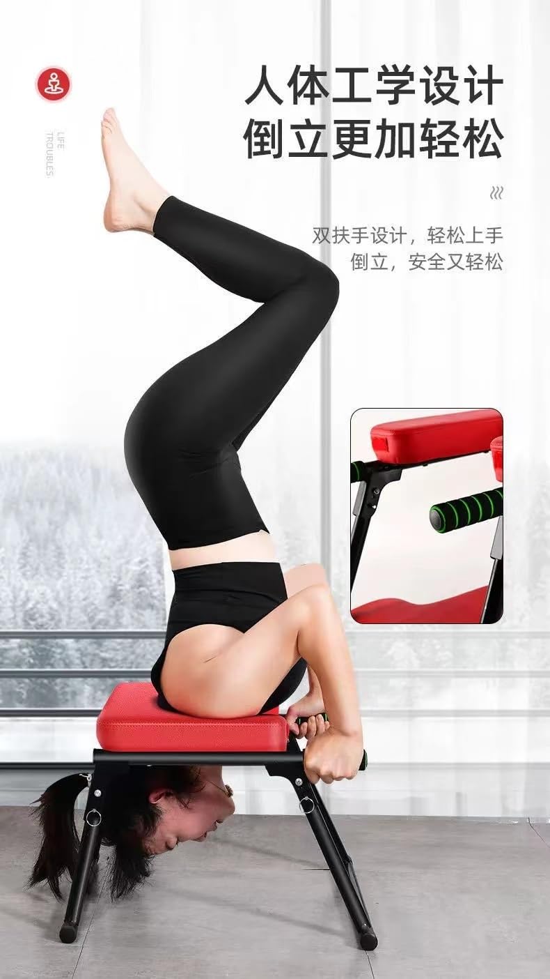 Taburete de inversión con Cabeza de Silla de Yoga, Kit de Ejercicios de inversión, Taburete de inversión Plegable, Taburete Auxiliar de inversión para práctica Principiante (Color: Rojo)