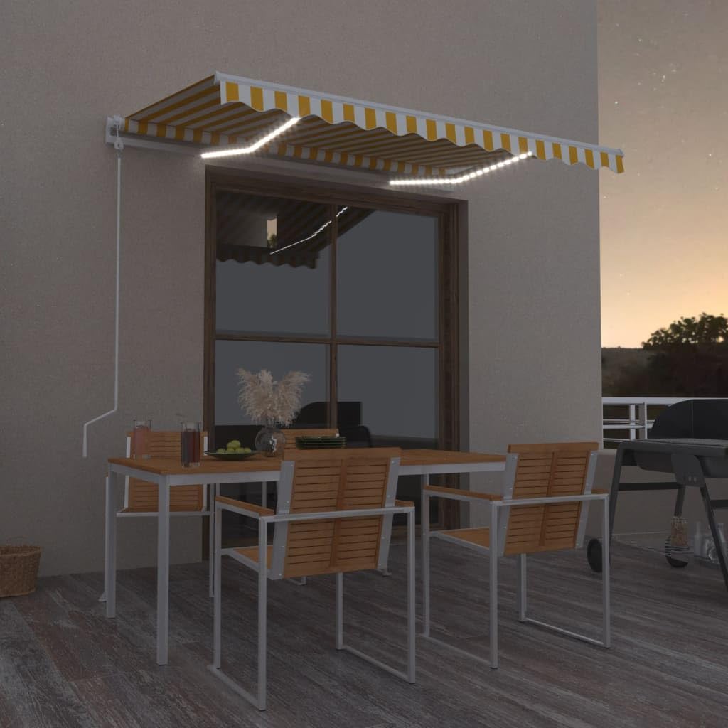 Toldo articulado automático con iluminación LED y sensor de viento, 350 x 250 cm, color amarillo/blanco, resistente a los rayos UV y al agua, para terraza y balcón