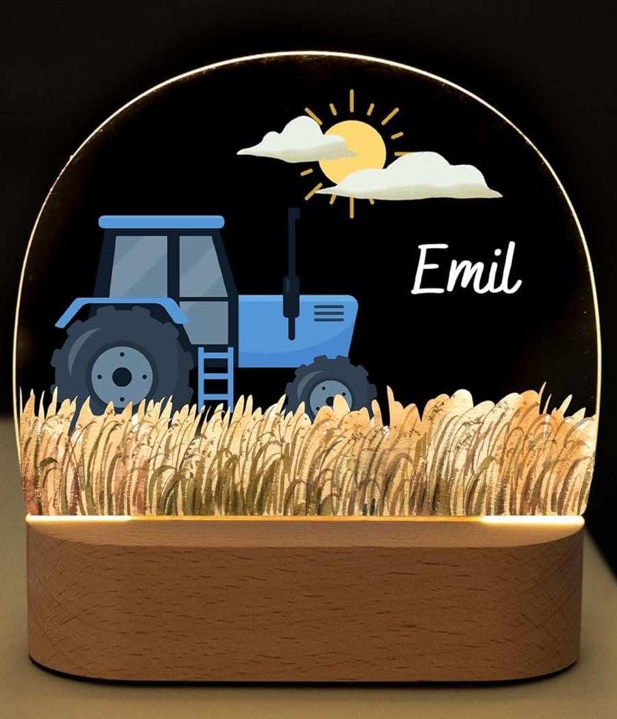 Bärenfreunde® - Personalisiertes Nachtlicht für Babys - Individuelle Nachttischlampe für Kinder - Personalisierte Geschenke Kinder - Babygeschenk - Geschenk zur Geburt (Traktor blau)