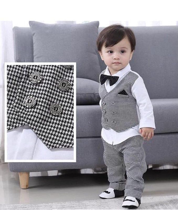 Dsnsenterprize Kids Boys Solid Hosiery Cotton Long Sleeve Collared Neck Ethnic Wear Shirt,Pant Coti with Bow Tie (DSNS_10134) (WHITE&GRAY, 2-3-YEAR) 3