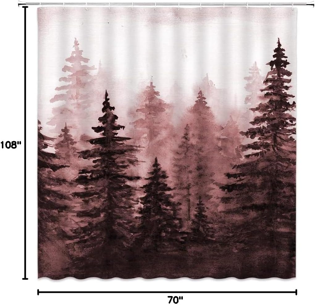 Misty Forest Shower Curtain Pine Tree Watercolor Abstract Foggy Jungle Mountain Burgundy Plant Rustic Mysterious Nature Scenery Landscape 108" WX70 H Bathroom Decor Fabric Curtain with Hooks