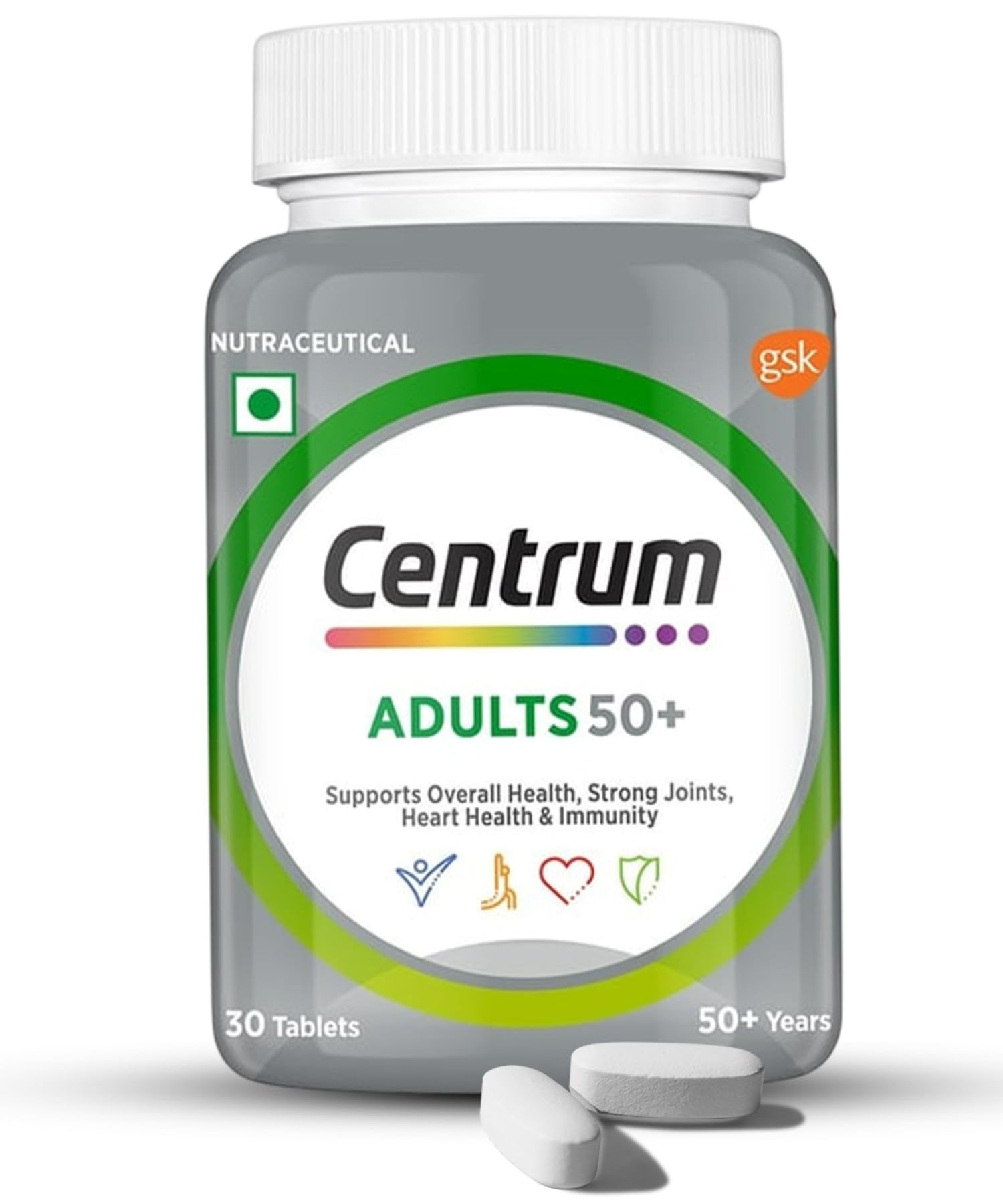 Centrum Adult 50+, World's No.1 Multivitamin with Calcium, Vitamin D3 & 21 other Nutrients for Overall Health, Strong Joints & Heart Health (Veg) 30 Tablets