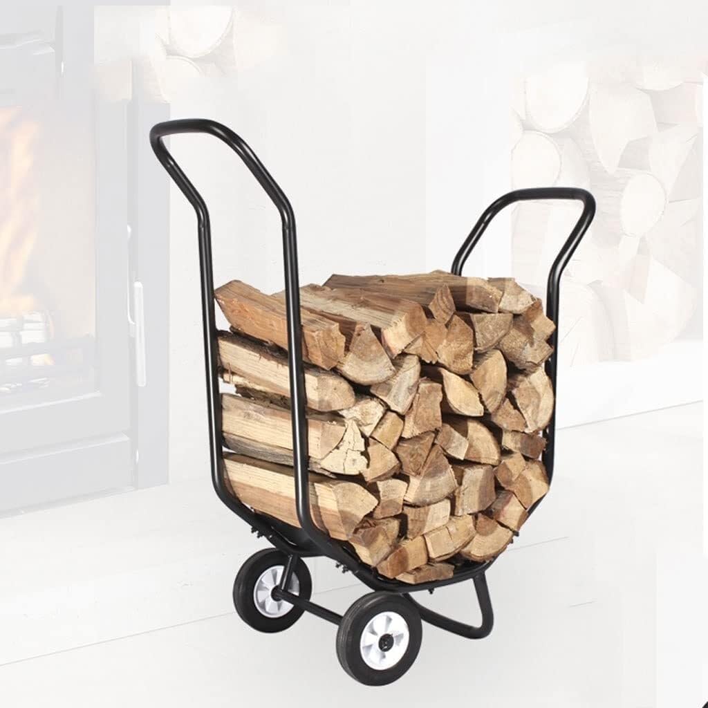 Movable Firewood Trailer Rack, Powder-Coated Wrought Iron Frame With Wooden Storage For Indoor Outdoor Use