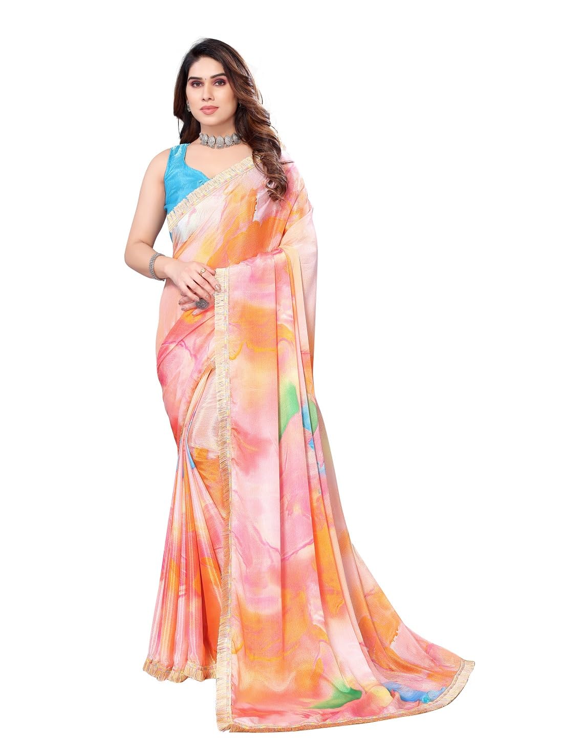 RAJESHWAR FASHION WITH RF Women's Bollywood Latest Fancy Tie-Dye Printed Chiffon Saree For Girls With Fringes Lace & Unstitched Blouse Piece(TARAL_Variation_Multicolored_Free Size 6.30)