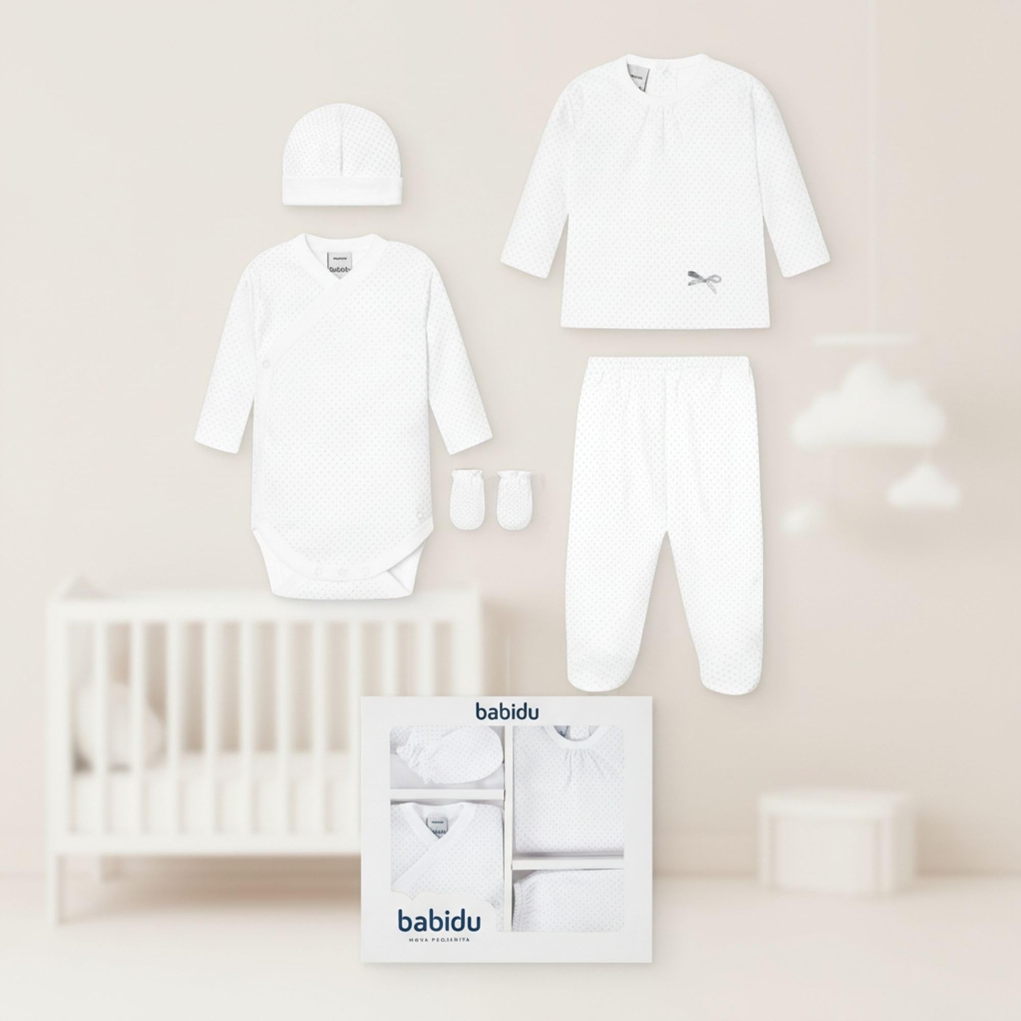BABIDU | Set Bebé 5 Piezas 100% Algodón con Body, Gorro, Camiseta, Polaina y Manoplas, Ropa Suave para Recién Nacido Niño y Niña, Canastilla Regalo Bebé Primera Puesta Unisex