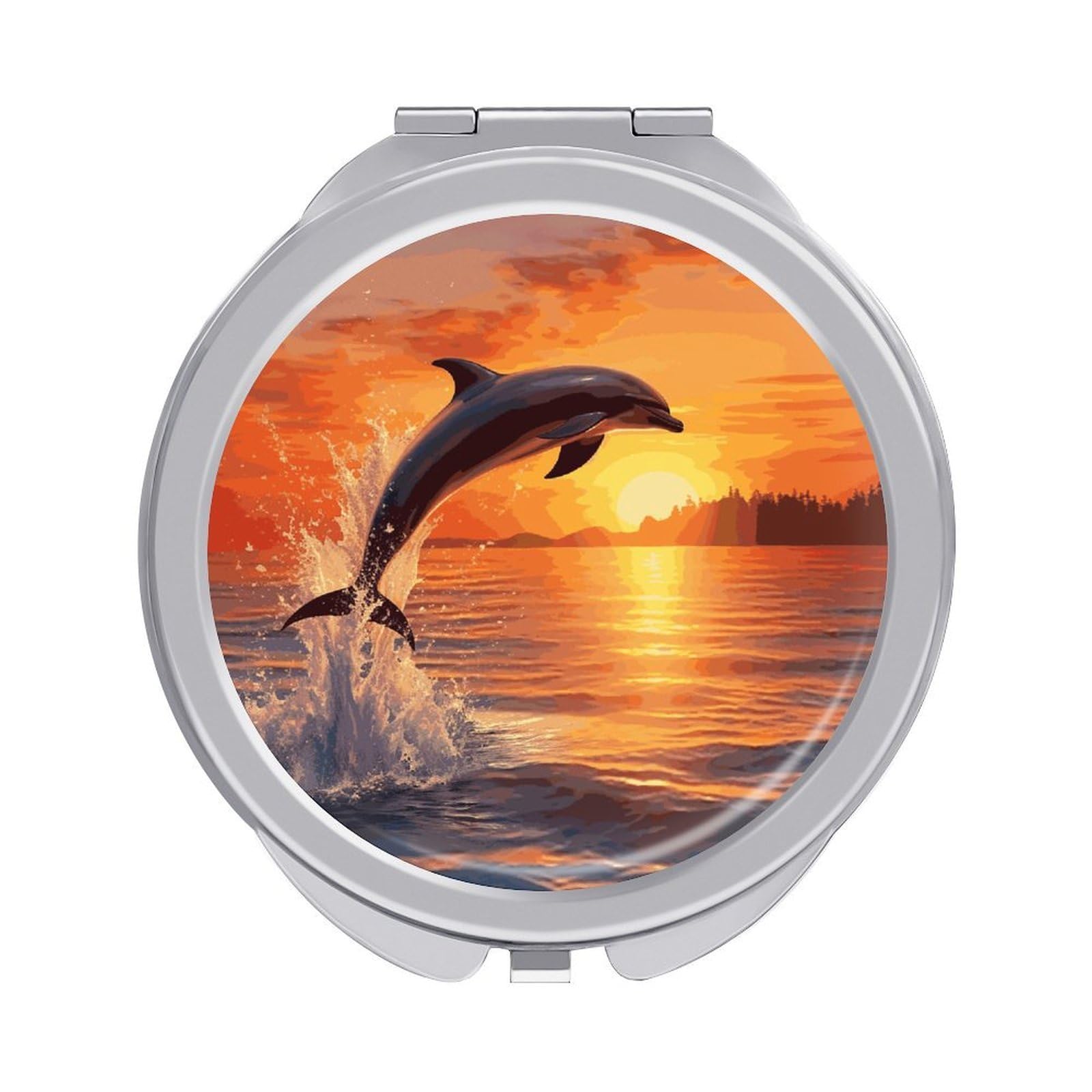 LDGSUPH Sunset Dolphin Travel Makeup Mirrors Portable Compact Mirror Double-Sided 2X/1X Magnifying Folding Pocket Mirror Mini Round Handheld Mirrors for Home Outdoor