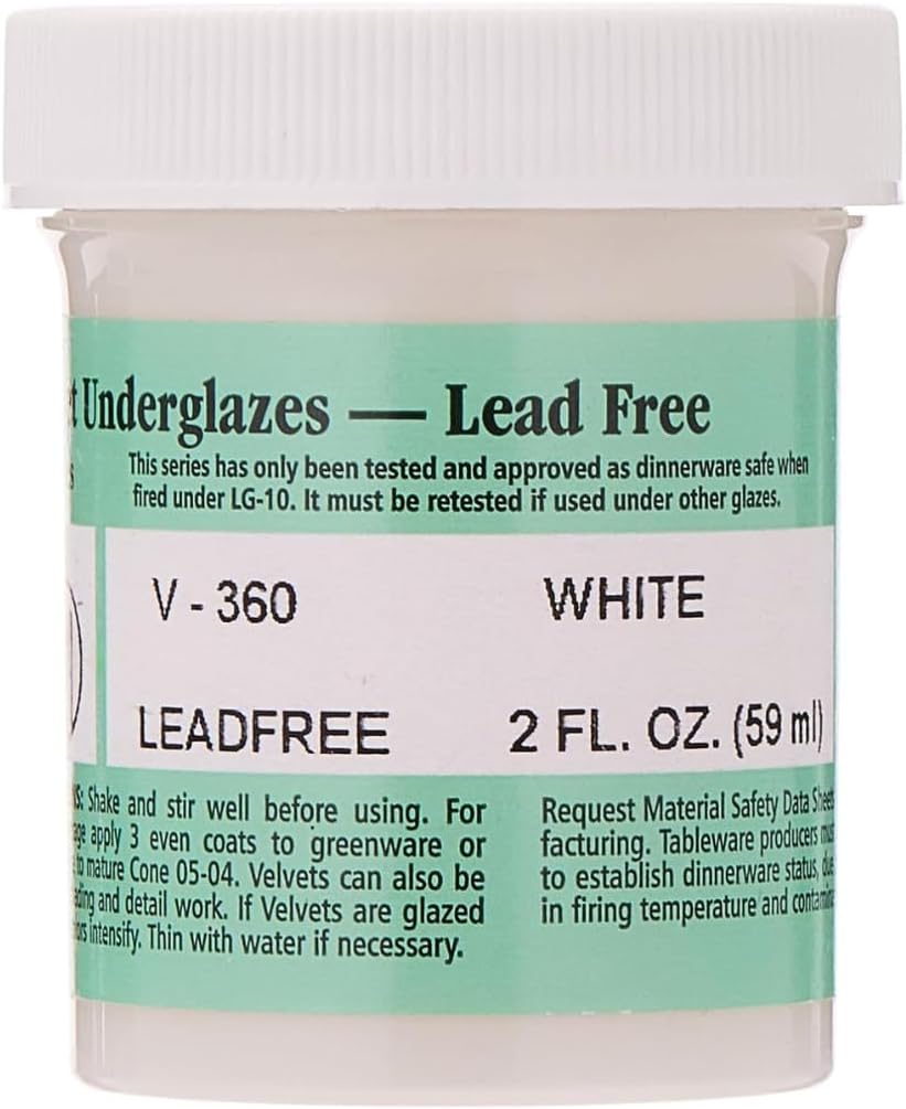 Velvet V-360 White Underglaze, 2 oz. (59 mL), Cone 05-10 (V) Intermixable Liquid Ceramic Pottery Underglaze for Bisque and Wet/Unfired Clay