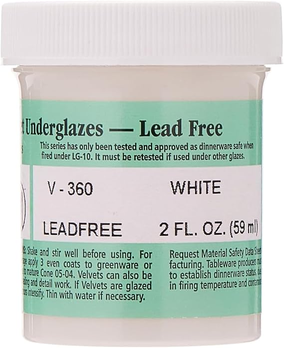 AMACO Velvet V-360 White Underglaze, 2 oz. (59 mL), Cone 05-10 (V) Intermixable Liquid Ceramic Pottery Underglaze for Bisque and Wet/Unfired Clay