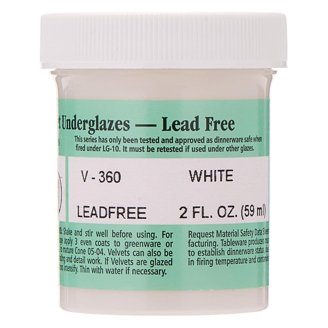 Velvet V-360 White Underglaze, 2 oz. (59 mL), Cone 05-10 (V) Intermixable Liquid Ceramic Pottery Underglaze for Bisque and Wet/Unfired Clay