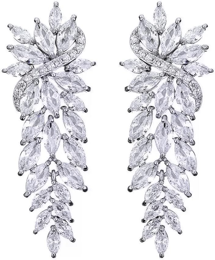 Crystal Cubic Zirconia Bridal Dangle Earrings, Marquise Cut Leaf Design, Long Drop Statement Wedding Party Jewelry for Women