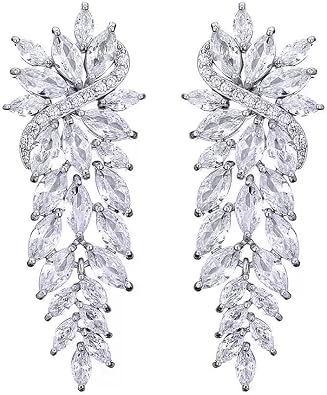 Crystal Cubic Zirconia Bridal Dangle Earrings, Marquise Cut Leaf Design, Long Drop Statement Wedding Party Jewelry for Women