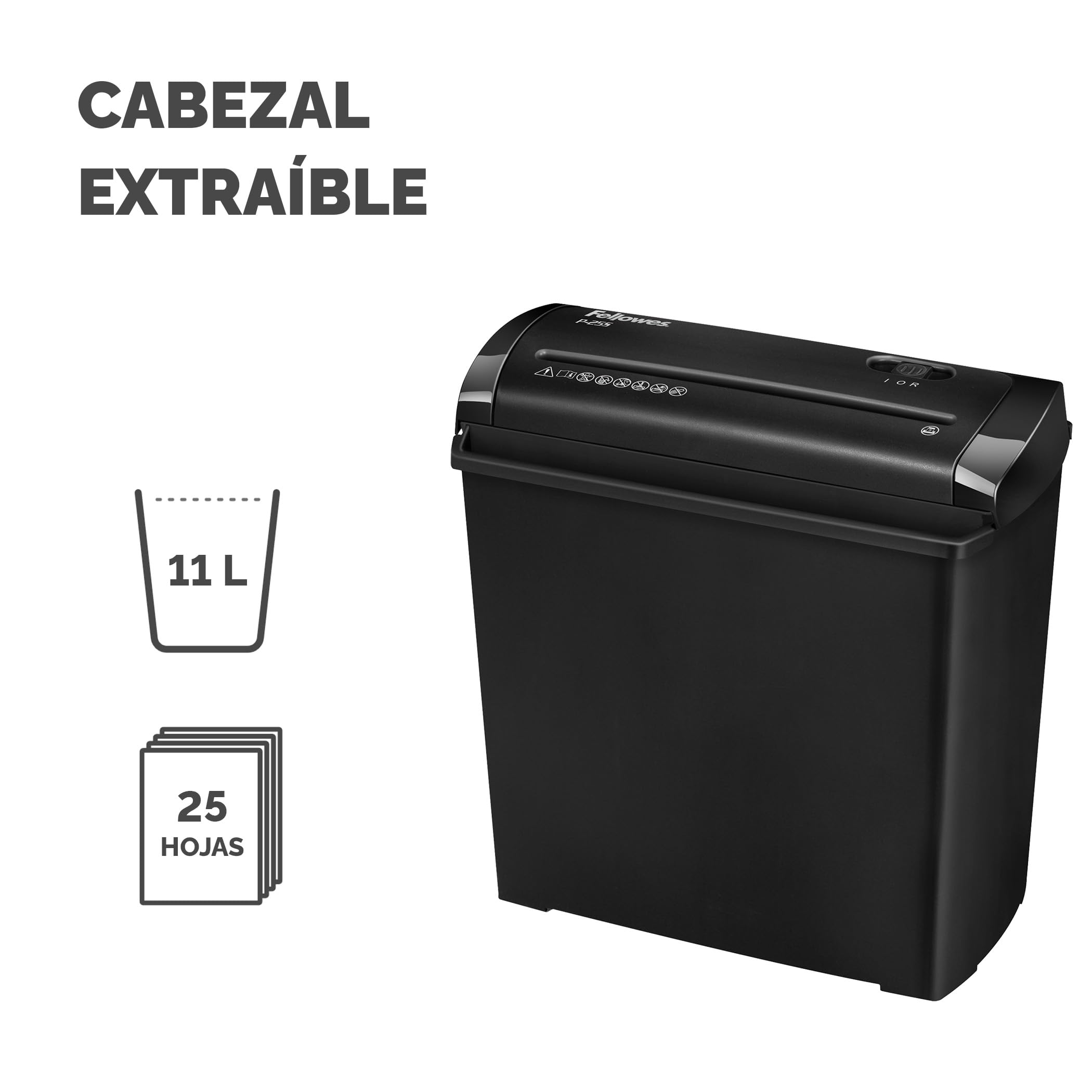 Fellowes P-25S Trituradora de Papel Corte en Tiras, 5 Hojas, 11L, DIN-P1, Negro