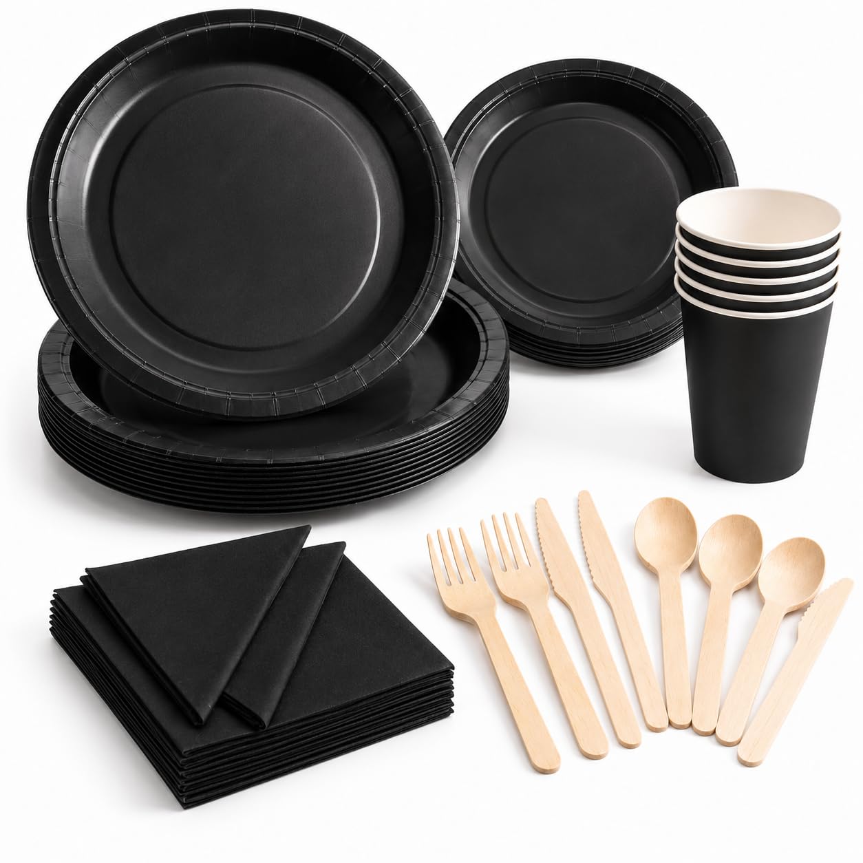 POSHTRENDS 140 PCS Black Party Tableware Set for 20 Guests – Disposable Plates Cups and Napkins with Wooden Cutlery, Black Birthday Party Supplies for Halloween Graduation Adult Parties