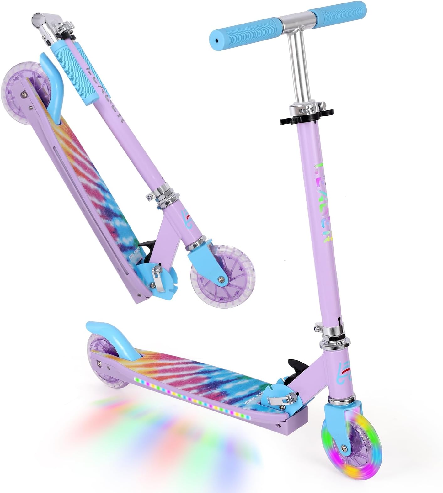 Scooters for Kids with Light-Up Wheels, Stem and Deck, Lightweight Foldable, 3 Adjustable Height Scooters for Kids 8-12