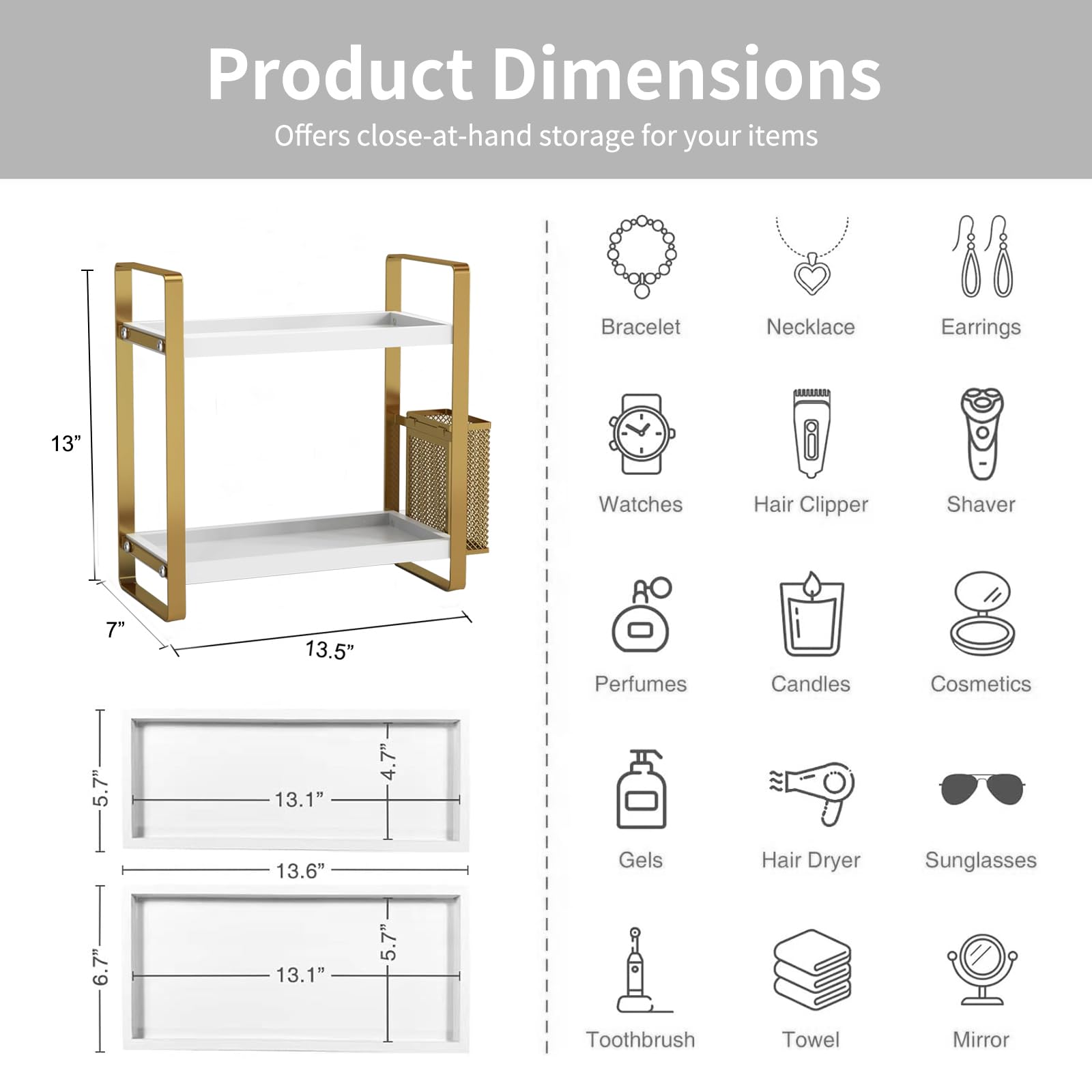 LEMIKKLE Organizer da bagno con cestino, organizer per bagno e stoccaggio, organizer per la cura della pelle per toeletta, organizer per bagno, cucina, cassettiera (bianco)