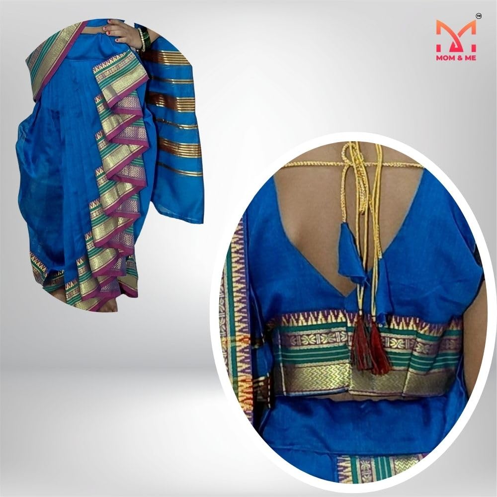 Mom and Me Girls' Ready-to-Wear Mastani Nauwari Saree with Stitched Blouse | Traditional Maharashtrian Ilkal Border | Soft Acrylic Cotton | Age 12 Months to 15 Years (Blue, 12-13 Years) - Image 4 thumbnail