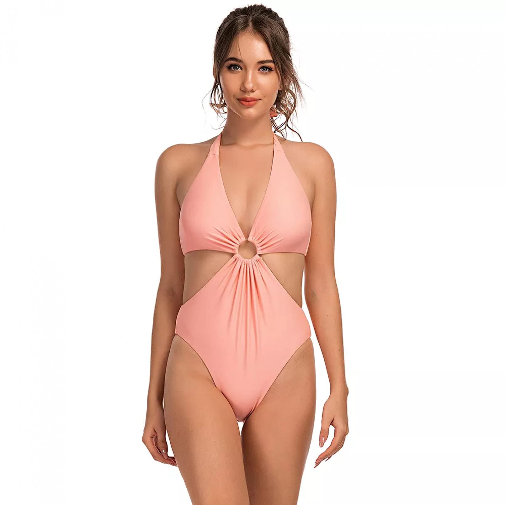 BAJIE Kostium bikini szykowny seksowny strój kąpielowy damski plaża elegancki strój kąpielowy z wyciętymi otworami wiązane kostium kąpielowy jednoczęściowy strój kąpielowy różowy S