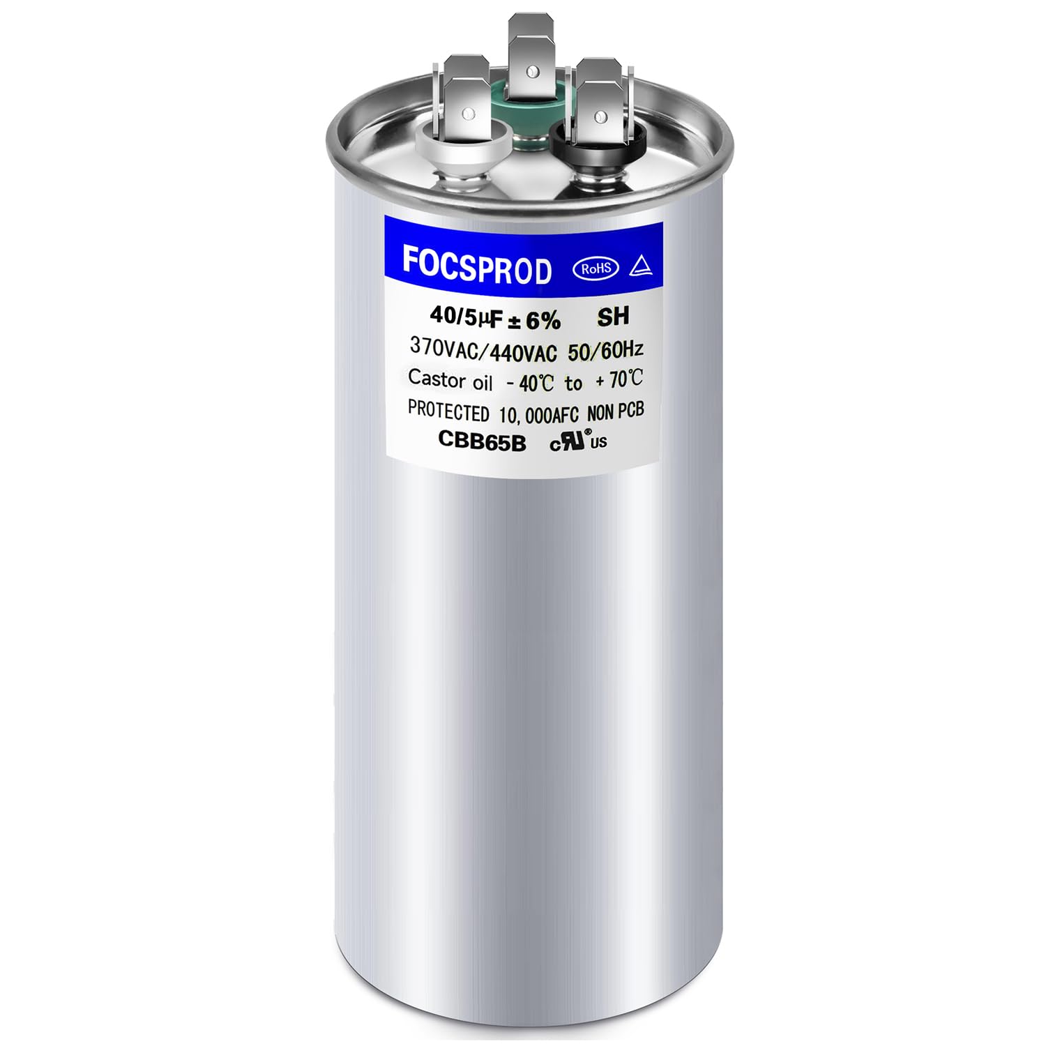 Photo 1 of [UL Recognized] FOCSPROD 40+5 uF 40/5 MFD ±6% 370V/440V CBB65 AC Capacitor, Dual Run Round Capacitor Replacement, 40 5 uF 440 Volt HVAC for AC Unit Fan Motor Start or Heat Pump or Condenser Straight