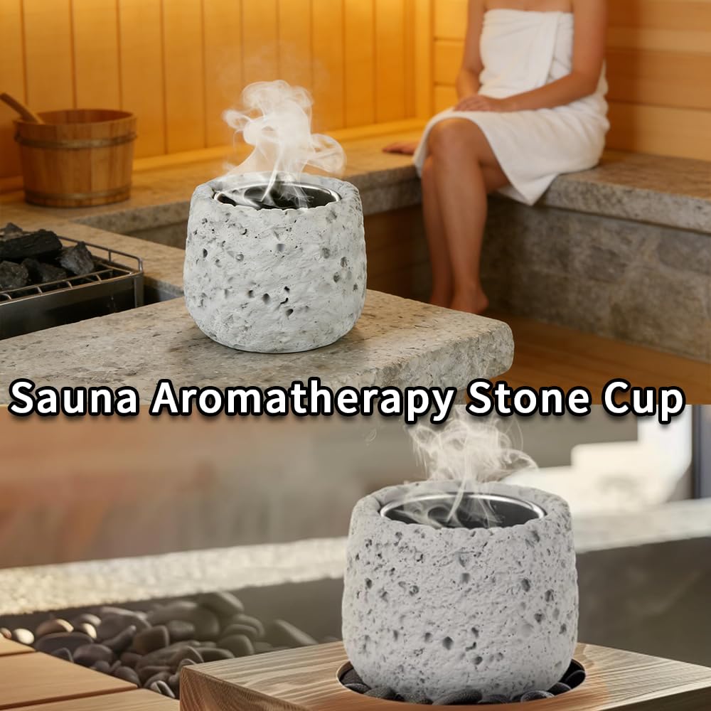 Sauna Aromatherapie Steinbecher mit 2 Dampfhüten, runder Ölhalter Aroma Duft ätherisches Öl Sauna Zubehör mit Edelstahlschale für Spa