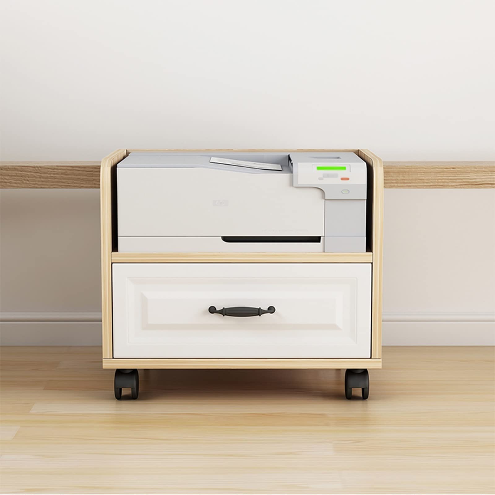 Mobiler Druckerständer mit Aufbewahrungsschublade unter dem Schreibtisch, Druckertisch, rollender Holzwagen für Zuhause, Büro, Schreibtisch, Zubehör, Druckerwagen auf Rädern (L x B x H): 53 x 40 x