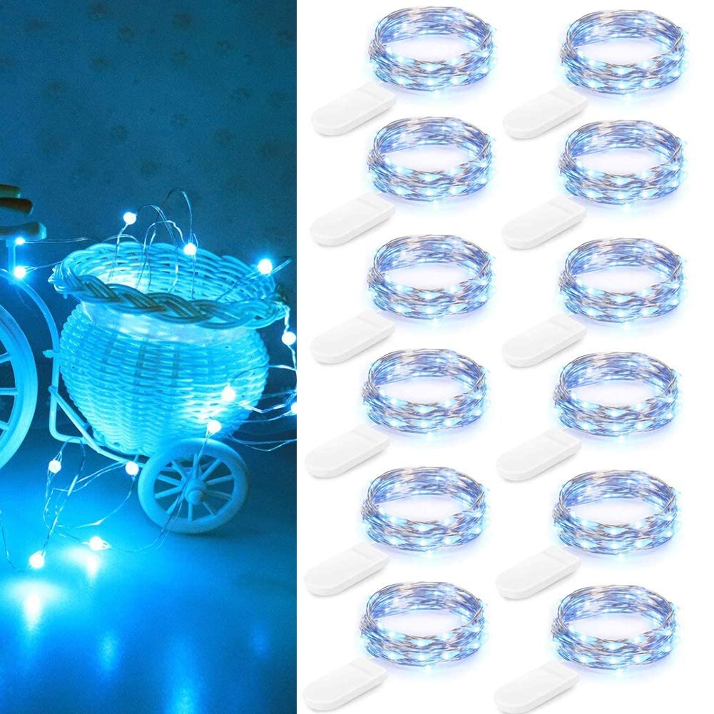 Guirnalda de luces con pilas, 12 unidades, 2 m, 20 ledes, impermeables, para dormitorio, boda, decoración de Navidad, color azul