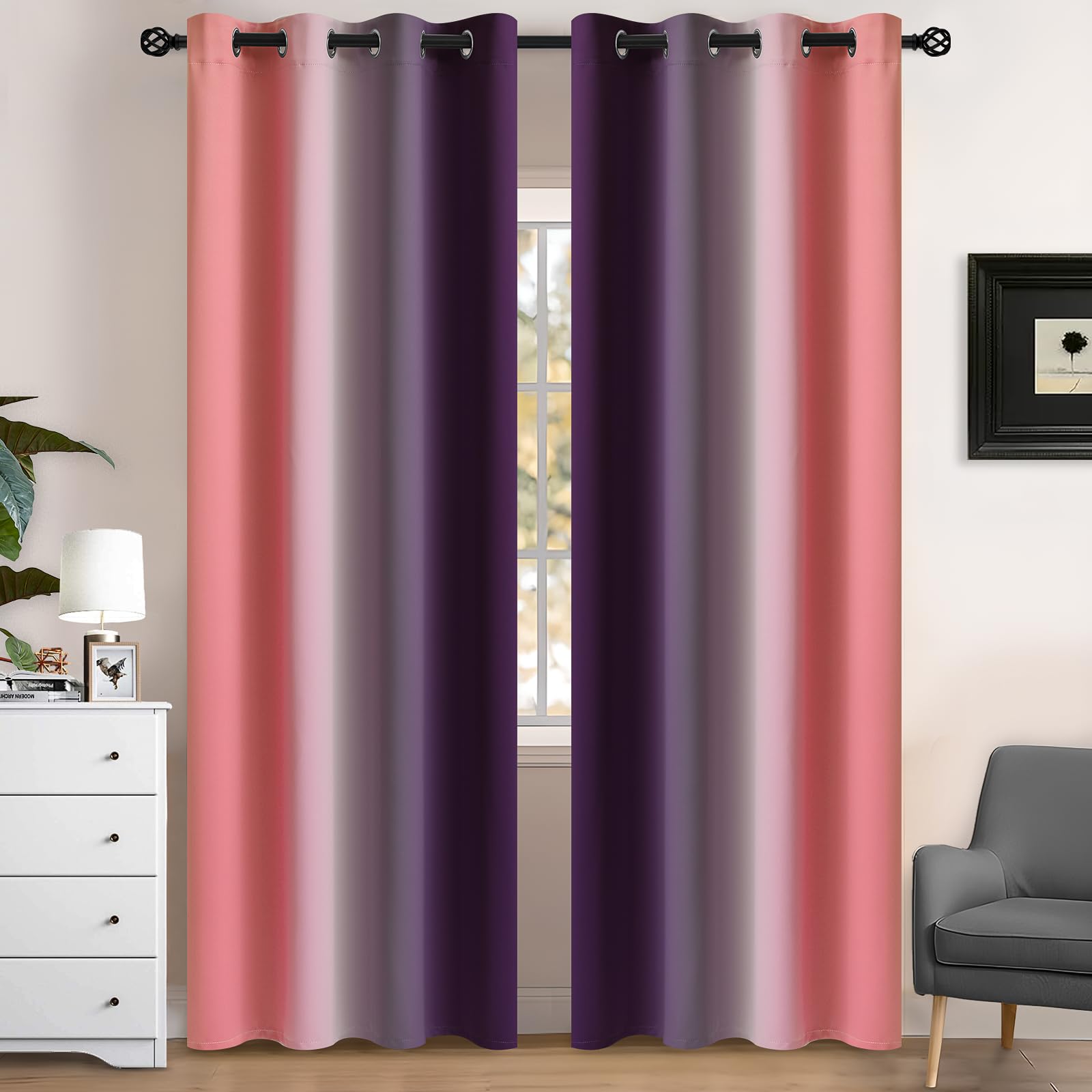 Yakamok Blackout Ombre Dark Pink and Dark Purple Curtains-Gradient Room Darkening Curtain, Grommet Thermal Insulated Light Blocking Window Drapes/Curtains for Living Room Bedroom,52 x 84 Inch,2 Panels — image 1