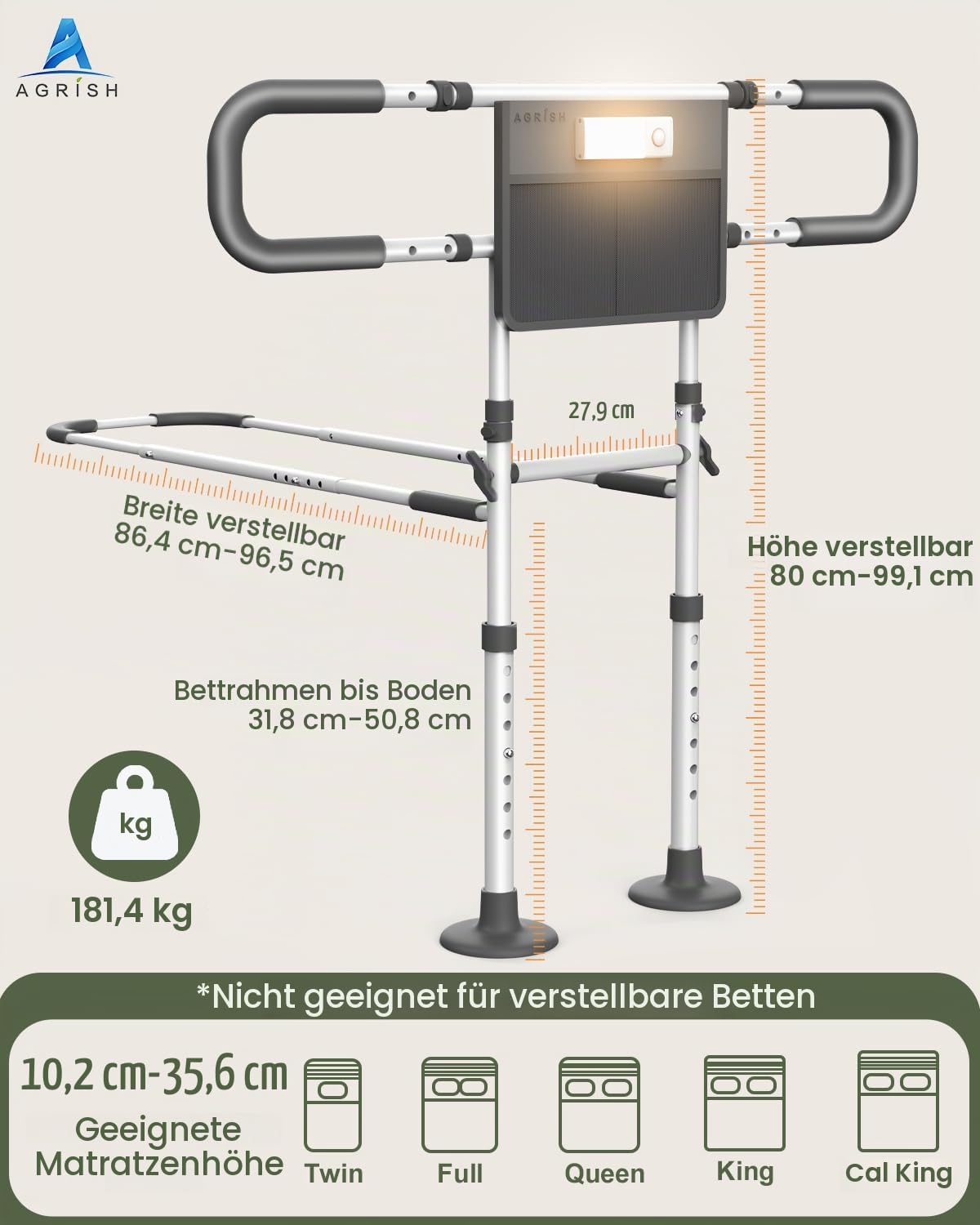 Agrish Bettgitter für Senioren mit Bewegungslicht – Verstellbare Bett-Aufstehhilfe mit Stützbeinen für ältere Menschen, Reha-Patienten & Personen mit eingeschränkter Mobilität, passend für alle Betten