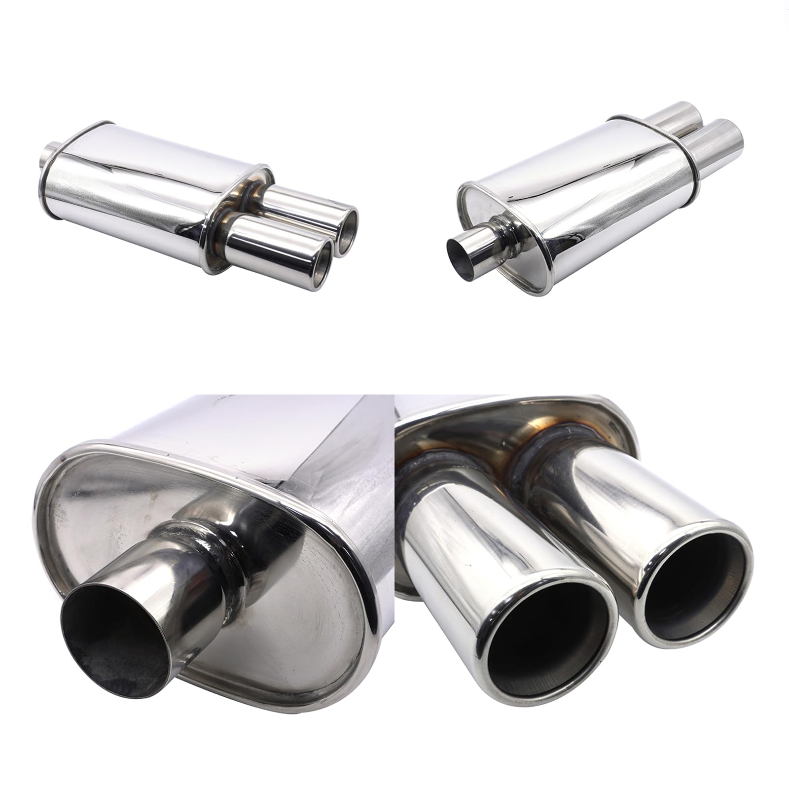 Automóviles Silenciador de Escape Krtopo 2,5 Pulgadas (63MM) Entrada única/3 Pulgadas (73MM) Doble Salida 11,8 Pulgadas (300MM) de Longitud Corporal Ovalada Soldadura de Doble Punta Acero Inoxidable