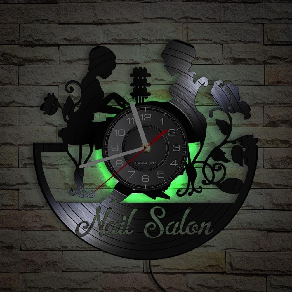 12 Inches Nail Salon Window Sign LED Vinyl Record Wall Clock with 7 Colors Changing, Decorative Art Modern Hanging Night Light Wall Clock Polish Manicure Pedicure Business Salon Wall Watch