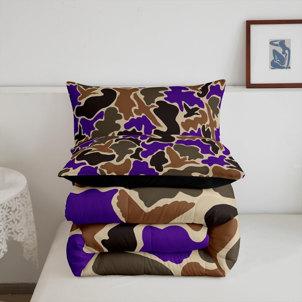 Feelyou Duck Hunter Purple Camouflage Hunting Comforter Set Full Size Kids Black Brown Comforter for Boys Teens Camo Army Bedding Set Breathable Wild Duvet Set Room Decor Quilt Set