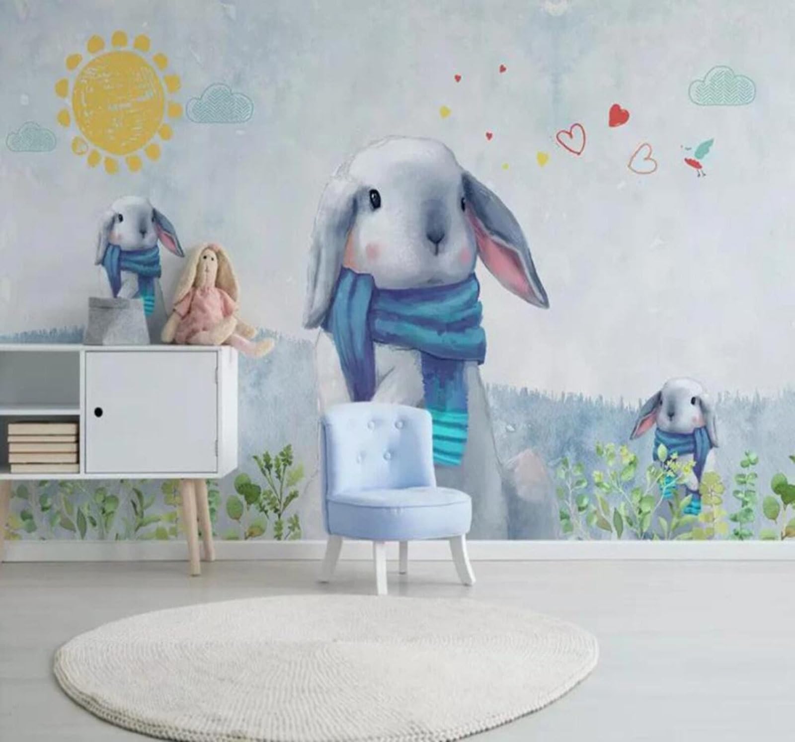 Tzxztt 350Cm×256Cm(B×H) Cartoon Unique Hand Drawn Cute Rabbit Modern 3D Wallpaper Premium Textured Silk Neutral Tones Material Ideal For Living Room Bedroom-350Cm×256Cm