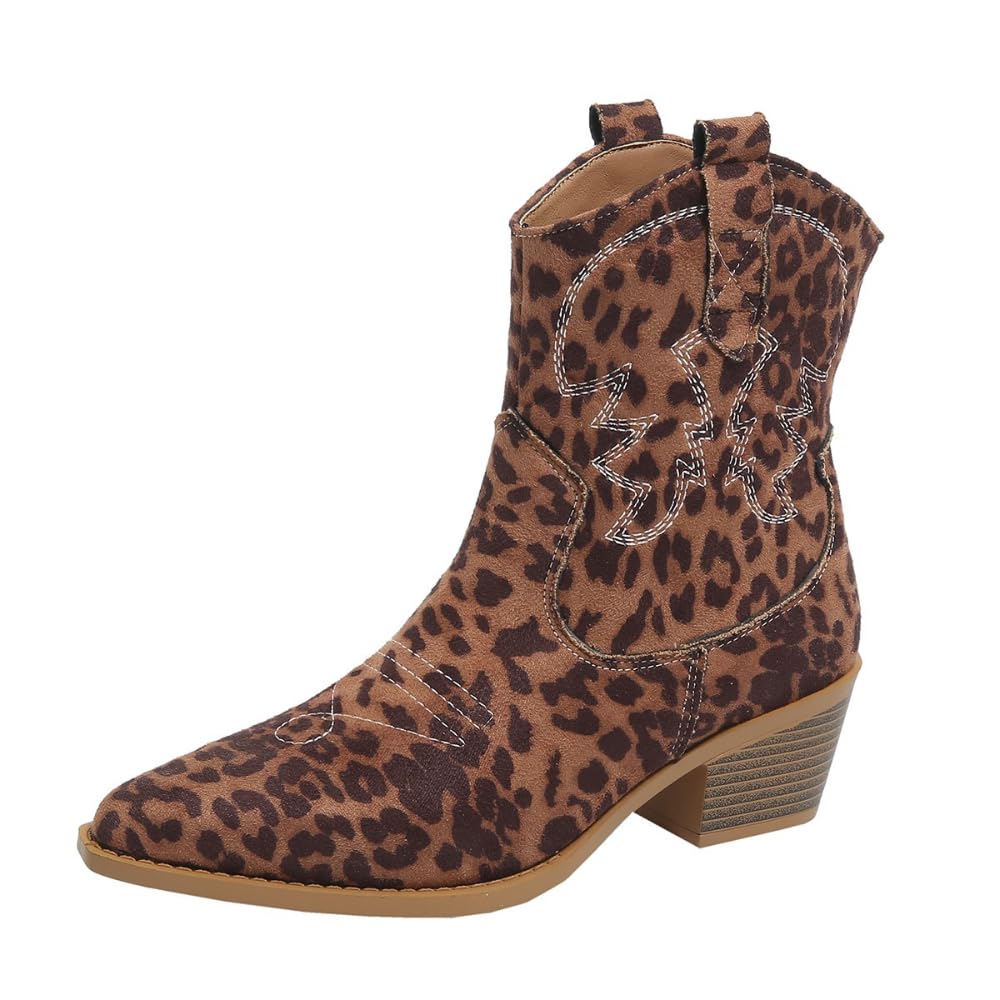 Womens Leopard Cowgirl Boots Ladies Pointed Toe Embroidered Textile Chunky Heel Short Riding Boots Blue Cowboy Chic Musical