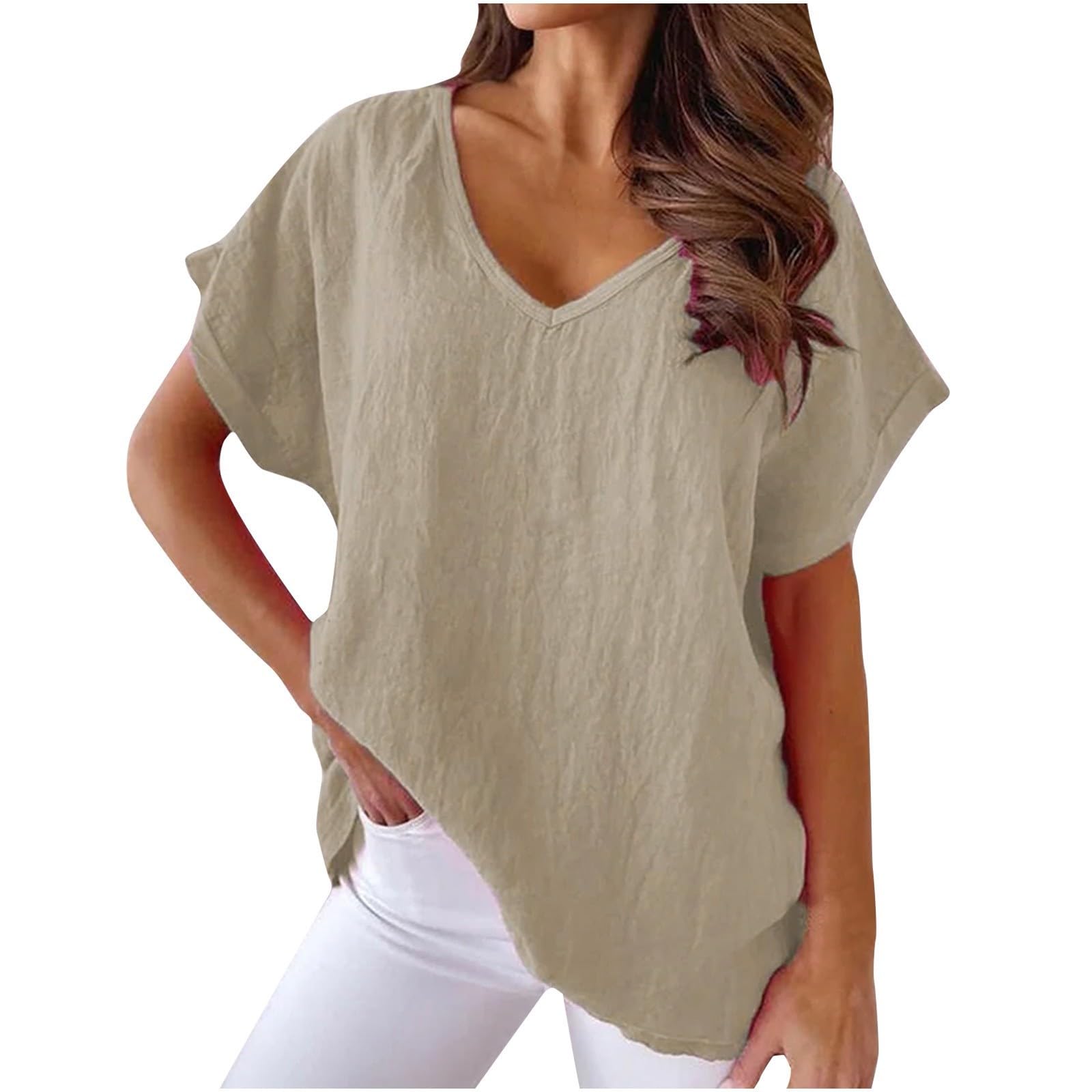 HAOLEI Camisetas Manga Corta Mujer,Camisa Lino Mujer Camiseta Blanca Mujer Cuello en V Lino y Algodón Color Sólido Multicolor Camisa Basica Camiseta Elegant Oficina Tops Casual Cómodo T-Shirt