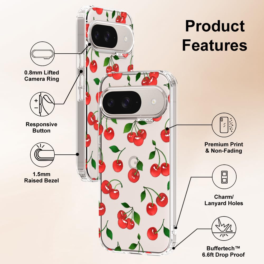 MOSNOVO Case for Google Pixel 10 & Pixel 10 Pro, [Buffertech 6.6ft Military-Grade Drop Protection] [Anti Peel Off Tech] Clear TPU Bumper Phone Case Cover Design - Cute Cherry — view 412