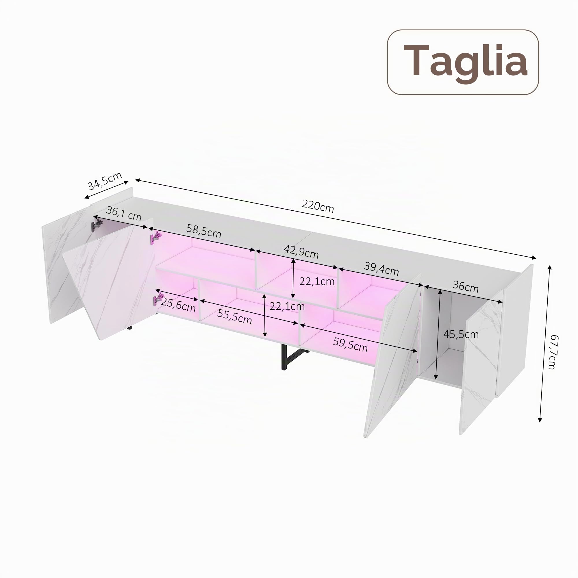 Armadio TV con LED - Mobile TV con 4 porte - Mobile TV basso - Comodino - Mobile TV con spazio aperto per soggiorno, sala da pranzo, camera da letto - Bianco - 220 x 34 x 67 cm