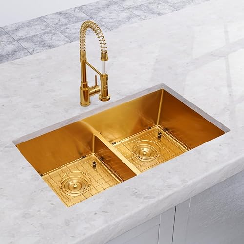 Miniatura 2 de Fregadero de cocina dorado, fregadero de cocina hecho a mano de 32 x 18 pulgadas, doble tazón 5050, calibre 16, acero inoxidable con accesorios