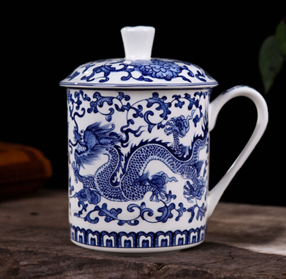 Tasse À Thé Bleue Dragon Peinte À la Main, Jingdezhen Tasse À Thé en Porcelaine Bleue et Blanche avec Couvercle, pour Cadeau, Ménage, Bureau, 500Ml