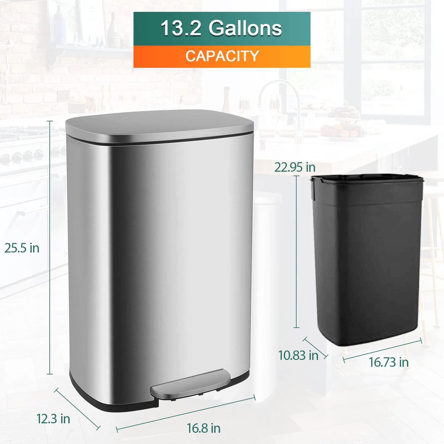 13.2 Gallon Kitchen Trash Can Fingerprint Proof Stainless Steel Garbage Can with Removable Plastic Inner Bucket & Metal Pedal,Step Trash Can Recycle Rubbish Bin for Kitchen Bathroom Bedroom