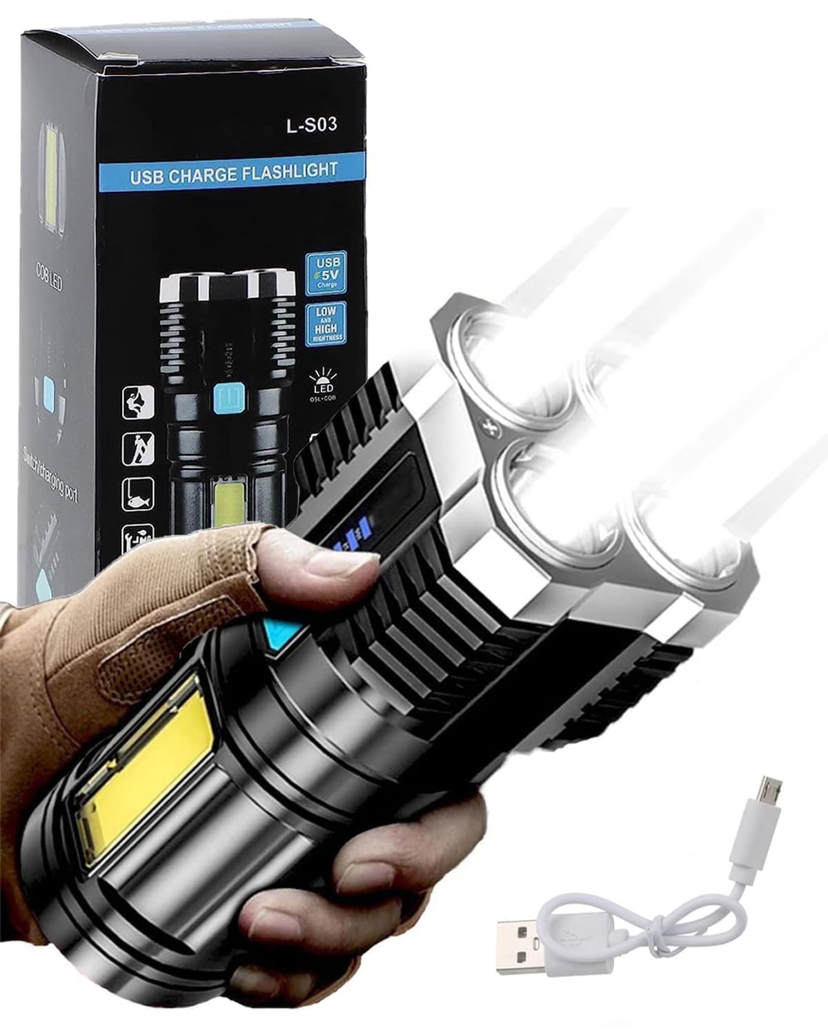 Plexaris 4 In 1 Led Torch Lights Rechargeable, Waterproof Super Bright Flashlight, High Power Long Distance Beam Range Light, Mode Tourch For Outdoor, Hiking, Walking, Camping, Black,White (B0D3PMK8ZV) Amazon Price History, Amazon Price Tracker