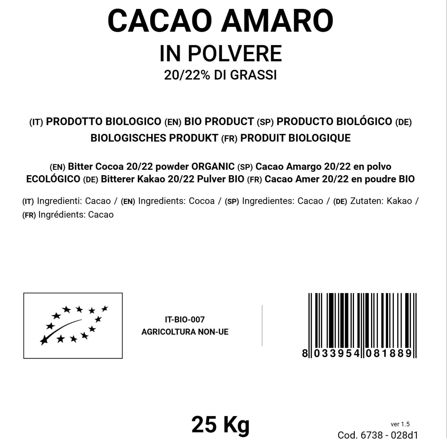 Bongiovanni Bontà Naturali Cacao Amargo 20/22 en Polvo 5 kg BIO